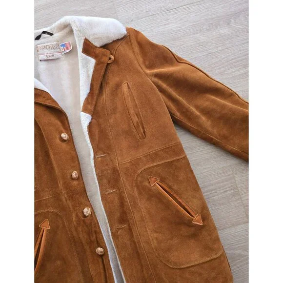 Schott NYC Rancher Western Barn Suede Leather Coat 40 Vintage Faux Fur Sherpa M